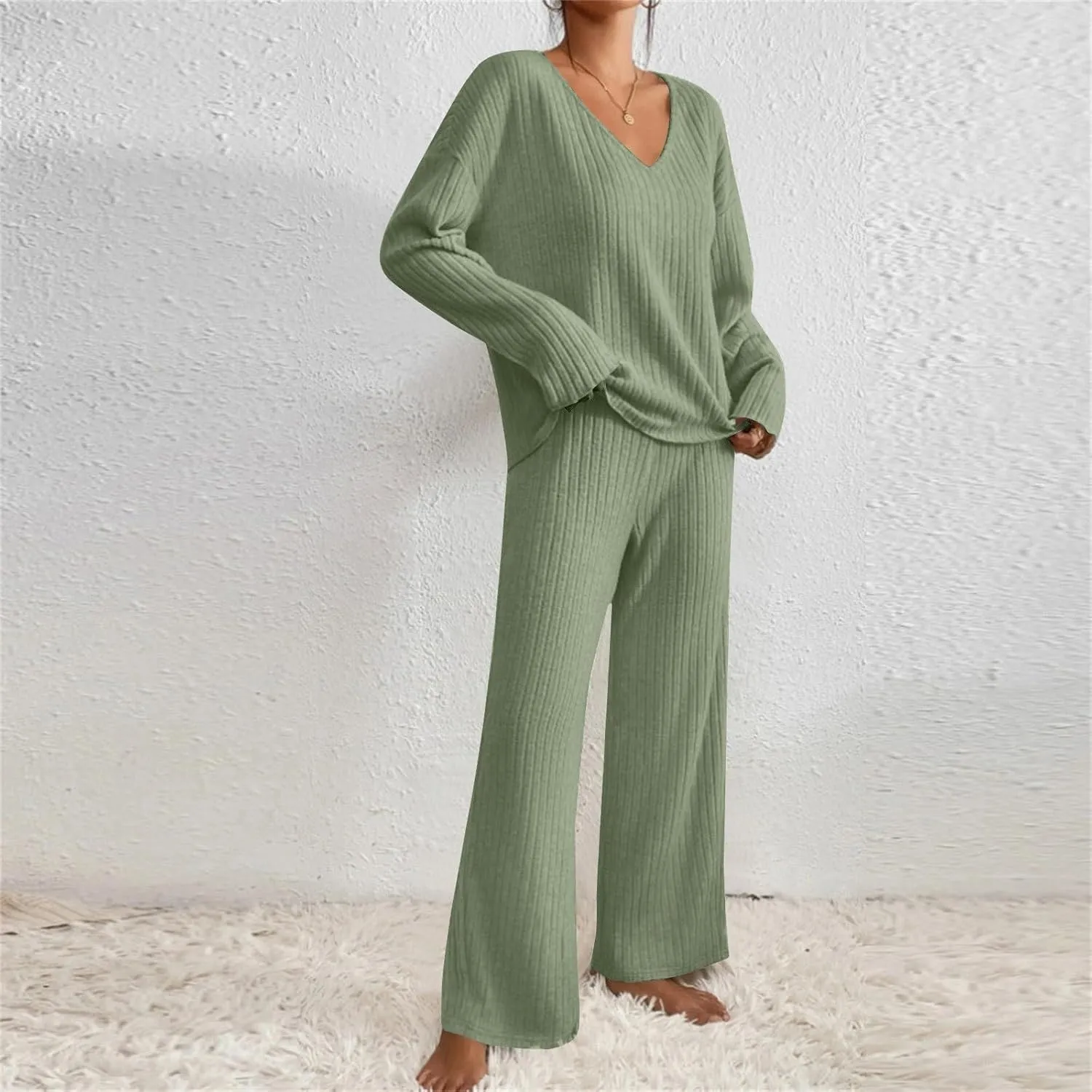 2 Piece Outfits for Women Knit Sweater Long Sleeve Crewneck Tops and Wide Leg Pants 2024 Ribbed Fall Lounge Set