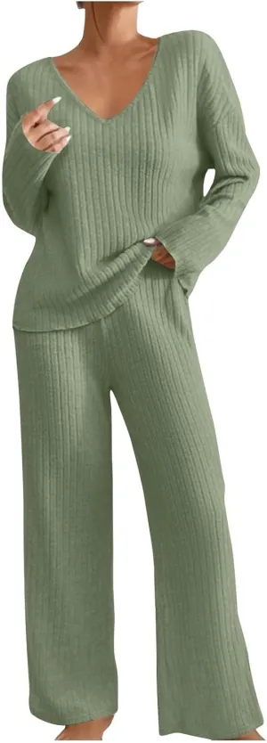 2 Piece Outfits for Women Knit Sweater Long Sleeve Crewneck Tops and Wide Leg Pants 2024 Ribbed Fall Lounge Set