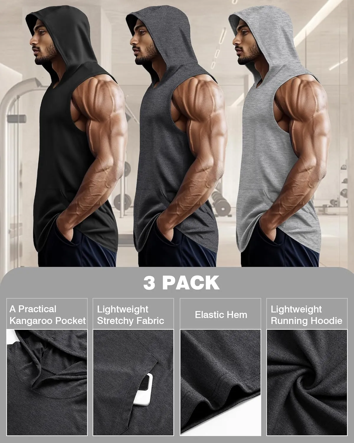 3 Pack Men's Big & Tall Workout Hooded Tank Tops, Cotton Sleeveless Gym Hoodies Bodybuilding Muscle Cut Off Shirts