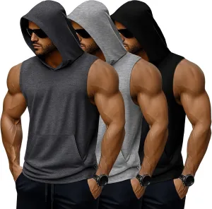 3 Pack Men's Big & Tall Workout Hooded Tank Tops, Cotton Sleeveless Gym Hoodies Bodybuilding Muscle Cut Off Shirts
