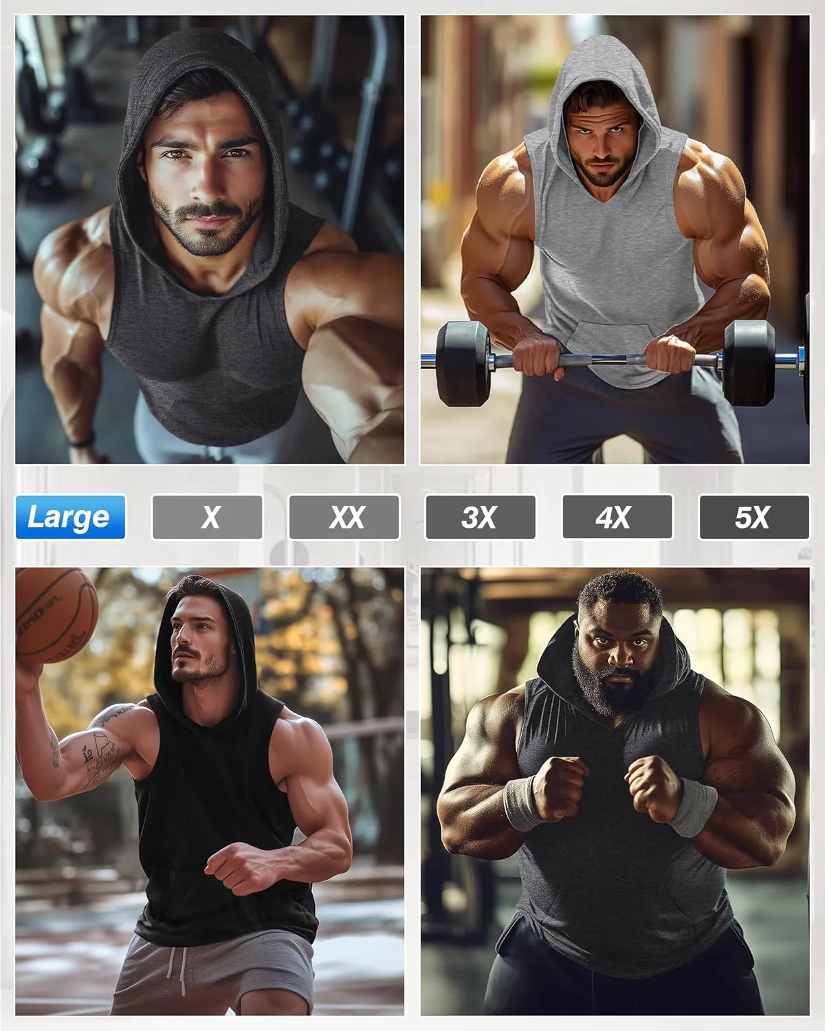 3 Pack Men's Big & Tall Workout Hooded Tank Tops, Cotton Sleeveless Gym Hoodies Bodybuilding Muscle Cut Off Shirts