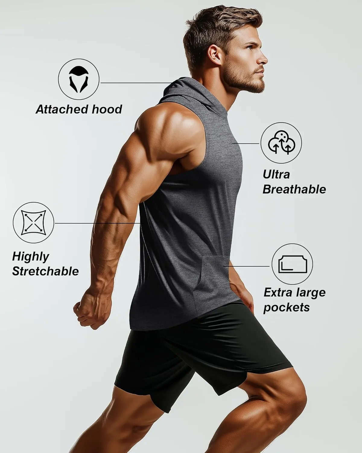 3 Pack Men's Big & Tall Workout Hooded Tank Tops, Cotton Sleeveless Gym Hoodies Bodybuilding Muscle Cut Off Shirts