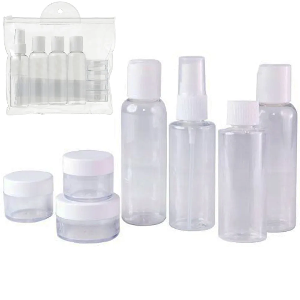 7 TSA Carry On Empty Plastic Travel Bottles Set Jar Cream Container Storage Bag