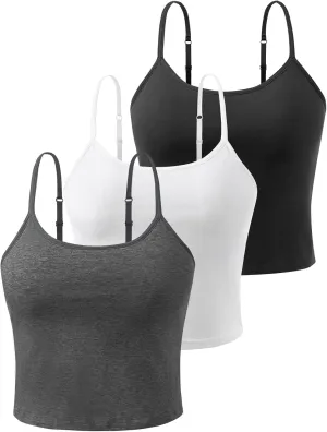 Air Curvey 3-Pack Womens Short Camisole Built in Bra Cotton Crop Tops Adjustable Spaghetti Strap Tank Tops