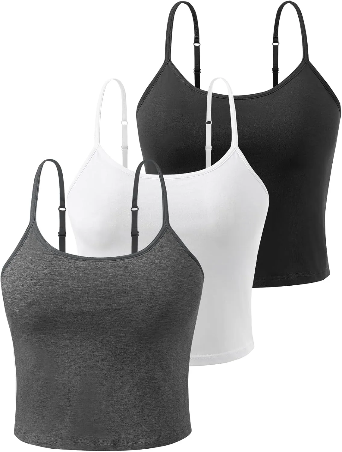 Air Curvey 3-Pack Womens Short Camisole Built in Bra Cotton Crop Tops Adjustable Spaghetti Strap Tank Tops