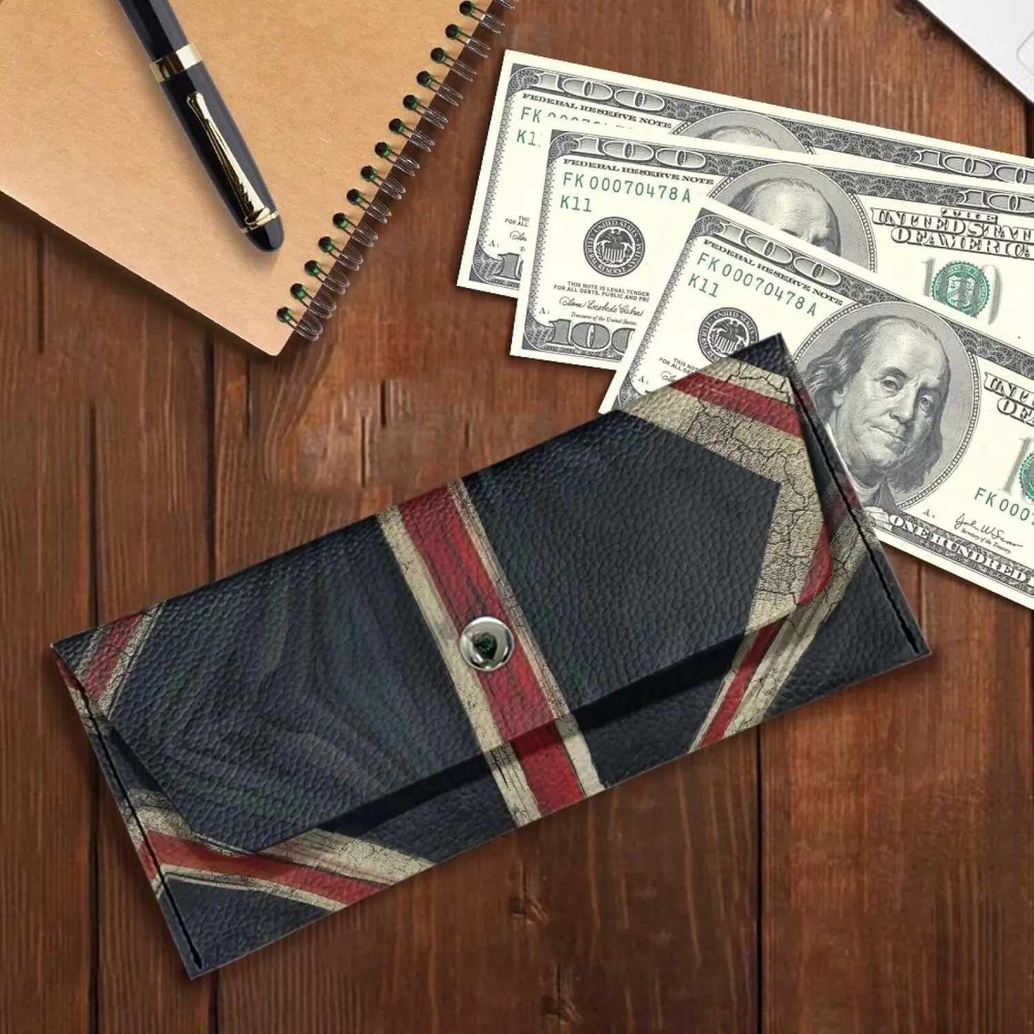 America Flag Print Long Wallet with Snap Button for Ladies Womens Portable Leather Clutch Bag Lightweight Waterproof Cash Purse Pouch for Travel Business Shop Daily Outdoor Use