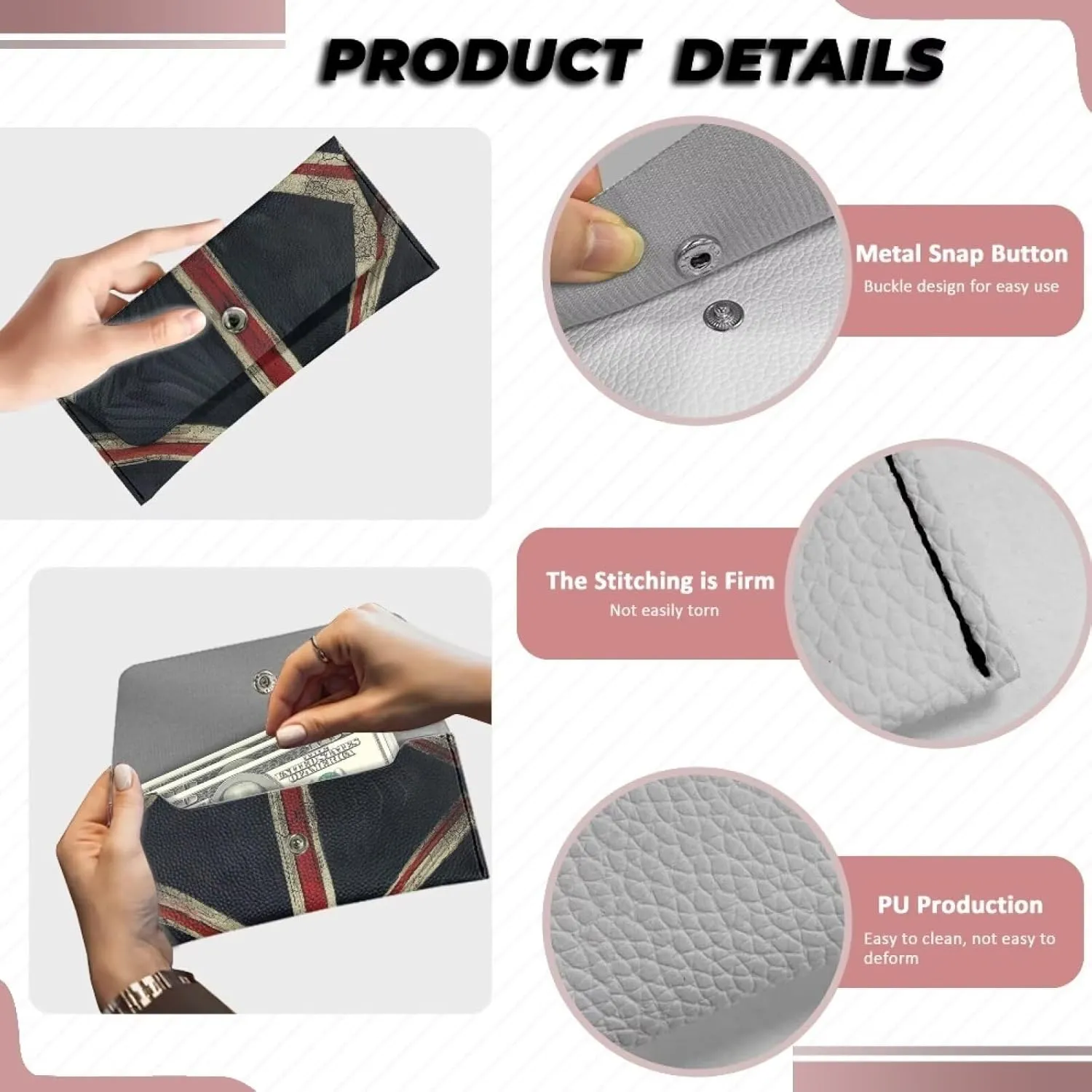 America Flag Print Long Wallet with Snap Button for Ladies Womens Portable Leather Clutch Bag Lightweight Waterproof Cash Purse Pouch for Travel Business Shop Daily Outdoor Use