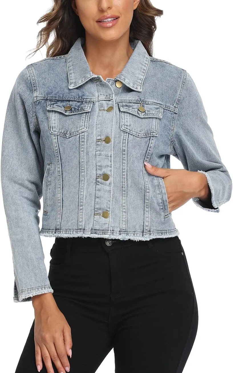 Anienaya Jean Jacket Womens Frayed Washed Button Up Cropped Denim Jacket w 2 Side Pockets