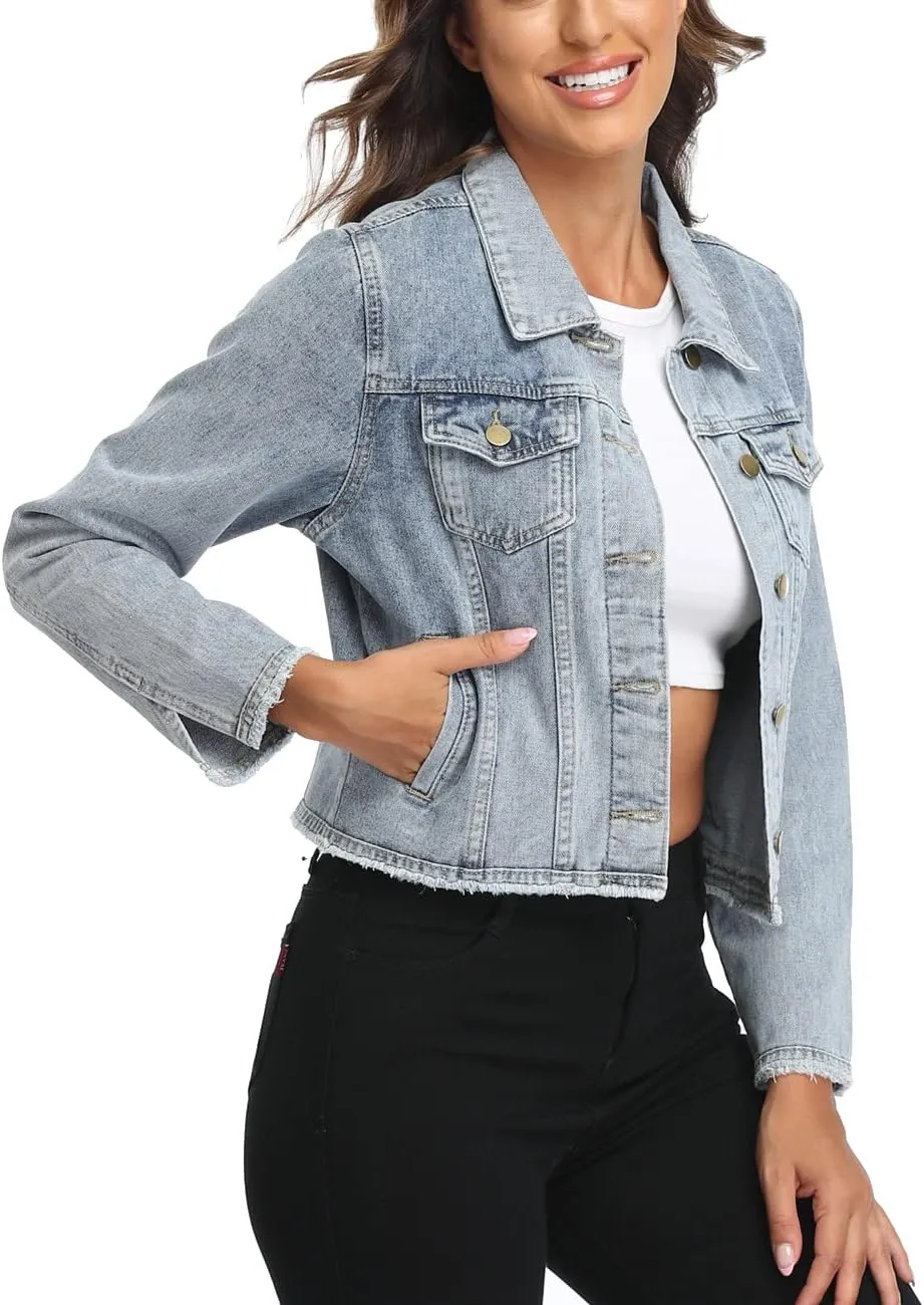 Anienaya Jean Jacket Womens Frayed Washed Button Up Cropped Denim Jacket w 2 Side Pockets