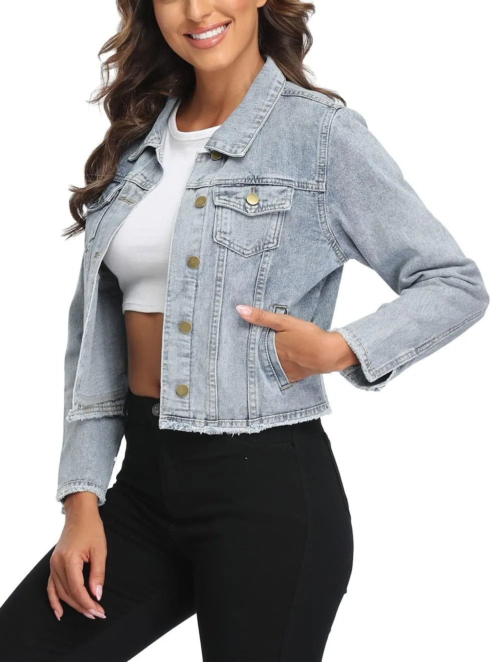 Anienaya Jean Jacket Womens Frayed Washed Button Up Cropped Denim Jacket w 2 Side Pockets