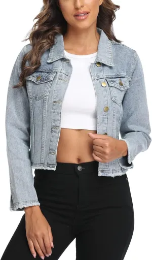 Anienaya Jean Jacket Womens Frayed Washed Button Up Cropped Denim Jacket w 2 Side Pockets