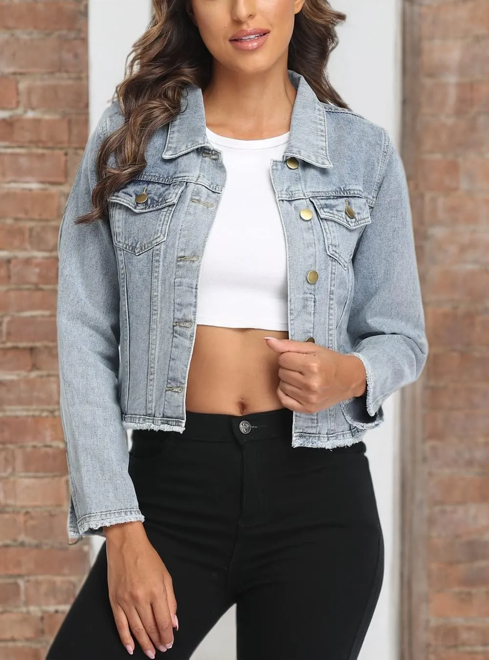 Anienaya Jean Jacket Womens Frayed Washed Button Up Cropped Denim Jacket w 2 Side Pockets
