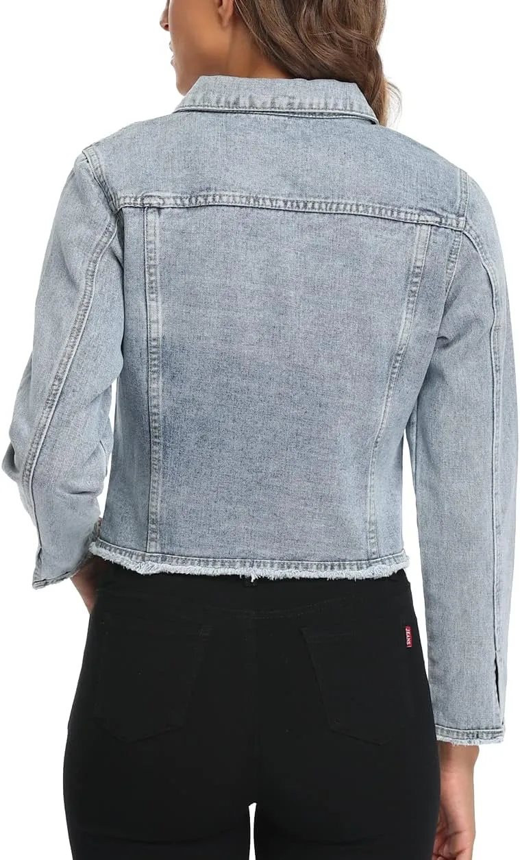Anienaya Jean Jacket Womens Frayed Washed Button Up Cropped Denim Jacket w 2 Side Pockets