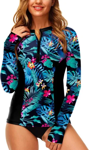 AOBUTE Women Zip Rash Guard UPF 50  Surf Swim Shirts with Thumb Hole