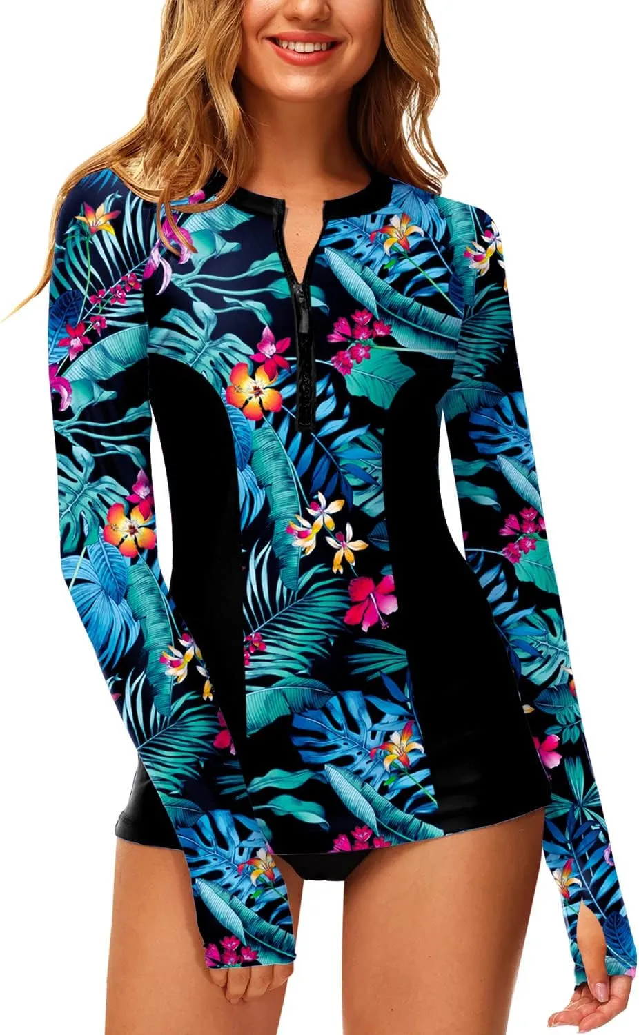 AOBUTE Women Zip Rash Guard UPF 50  Surf Swim Shirts with Thumb Hole