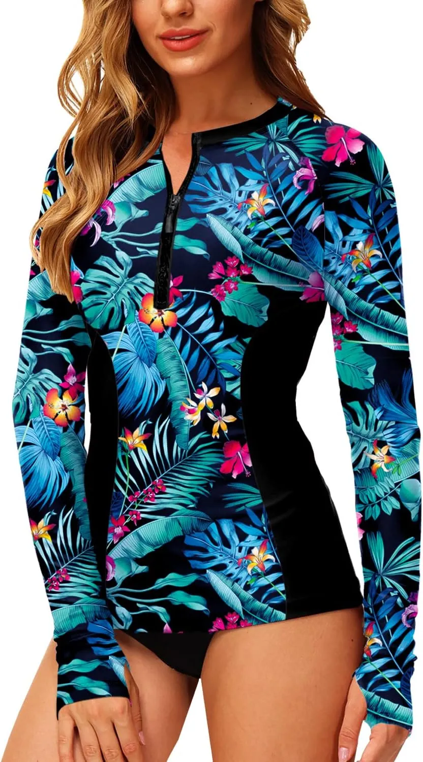 AOBUTE Women Zip Rash Guard UPF 50  Surf Swim Shirts with Thumb Hole