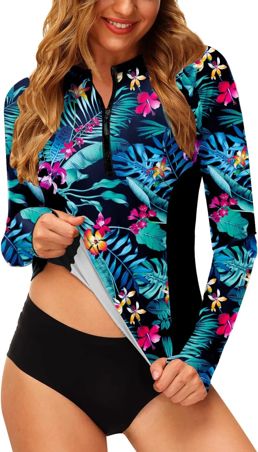 AOBUTE Women Zip Rash Guard UPF 50  Surf Swim Shirts with Thumb Hole