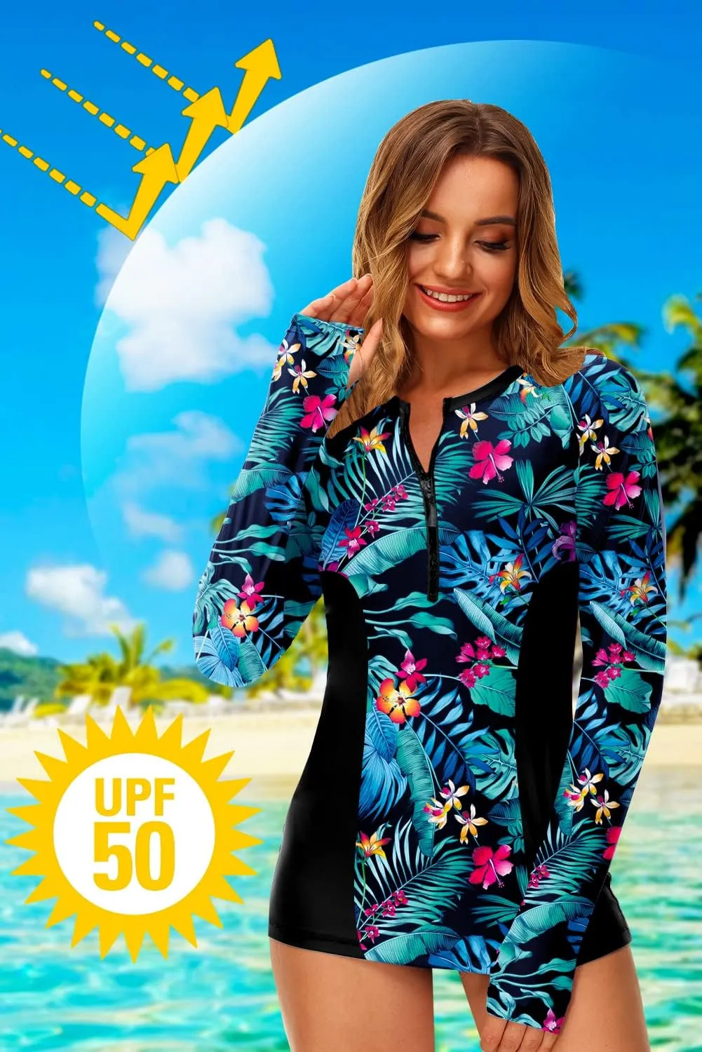 AOBUTE Women Zip Rash Guard UPF 50  Surf Swim Shirts with Thumb Hole