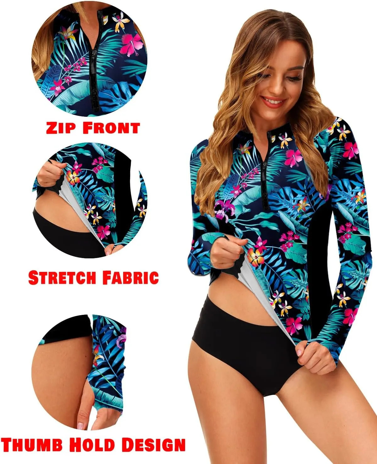 AOBUTE Women Zip Rash Guard UPF 50  Surf Swim Shirts with Thumb Hole