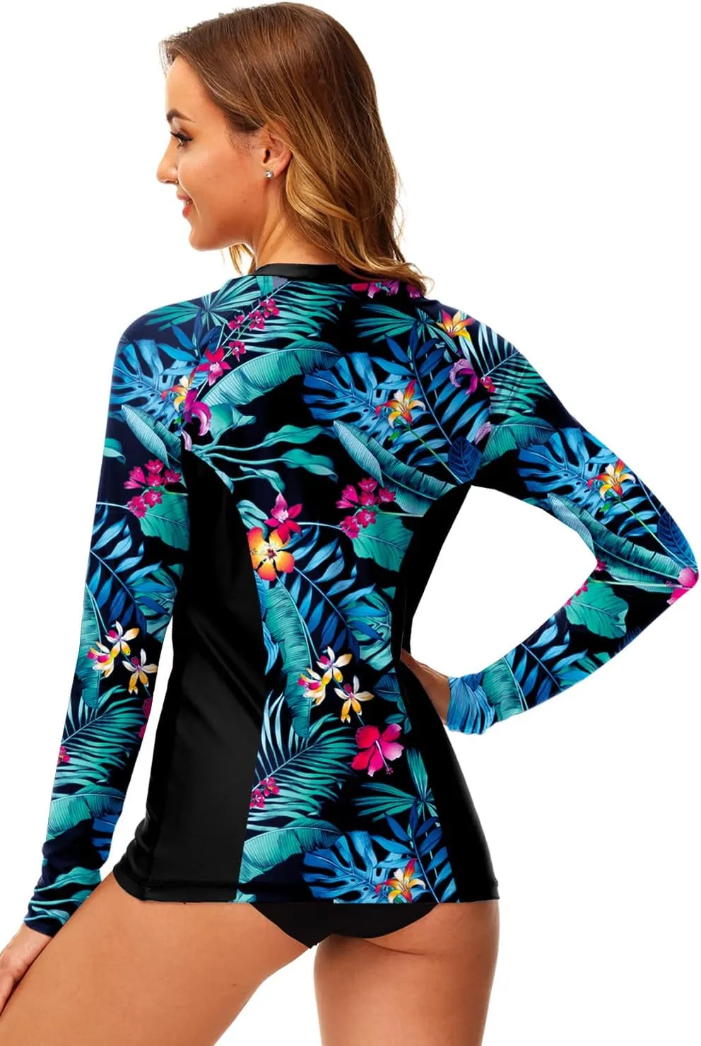 AOBUTE Women Zip Rash Guard UPF 50  Surf Swim Shirts with Thumb Hole