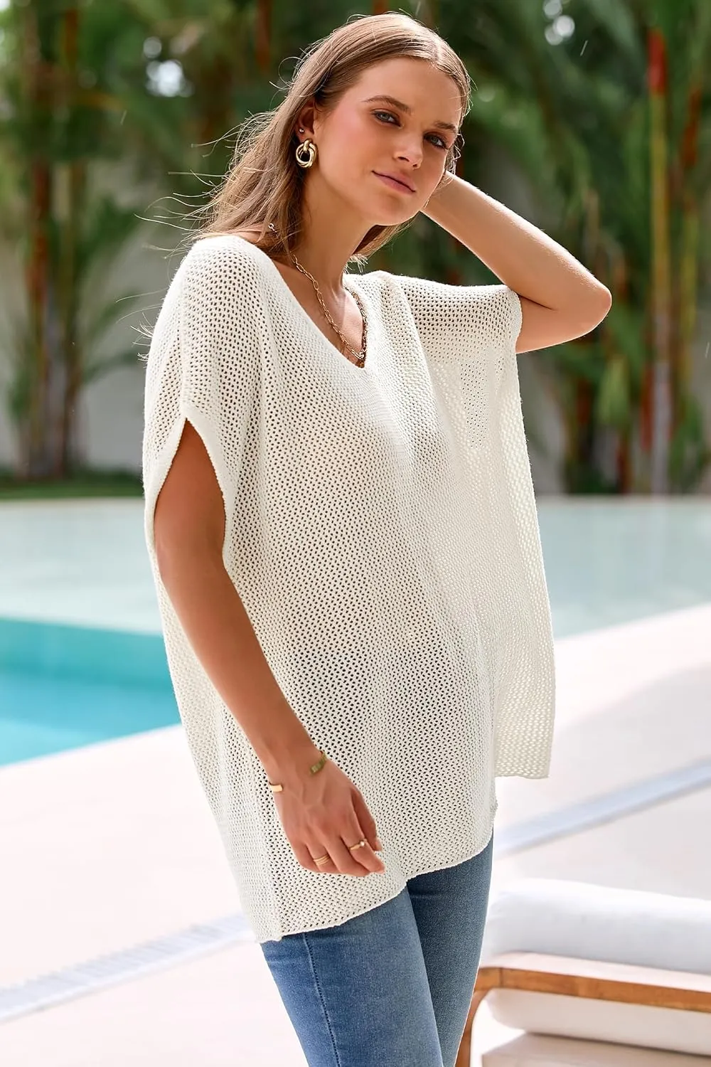Arach&Cloz Women Crochet Tops 2025 Summer Wool Blended Sweater Vest Short Sleeve Fashion Outfits Oversized Coverup