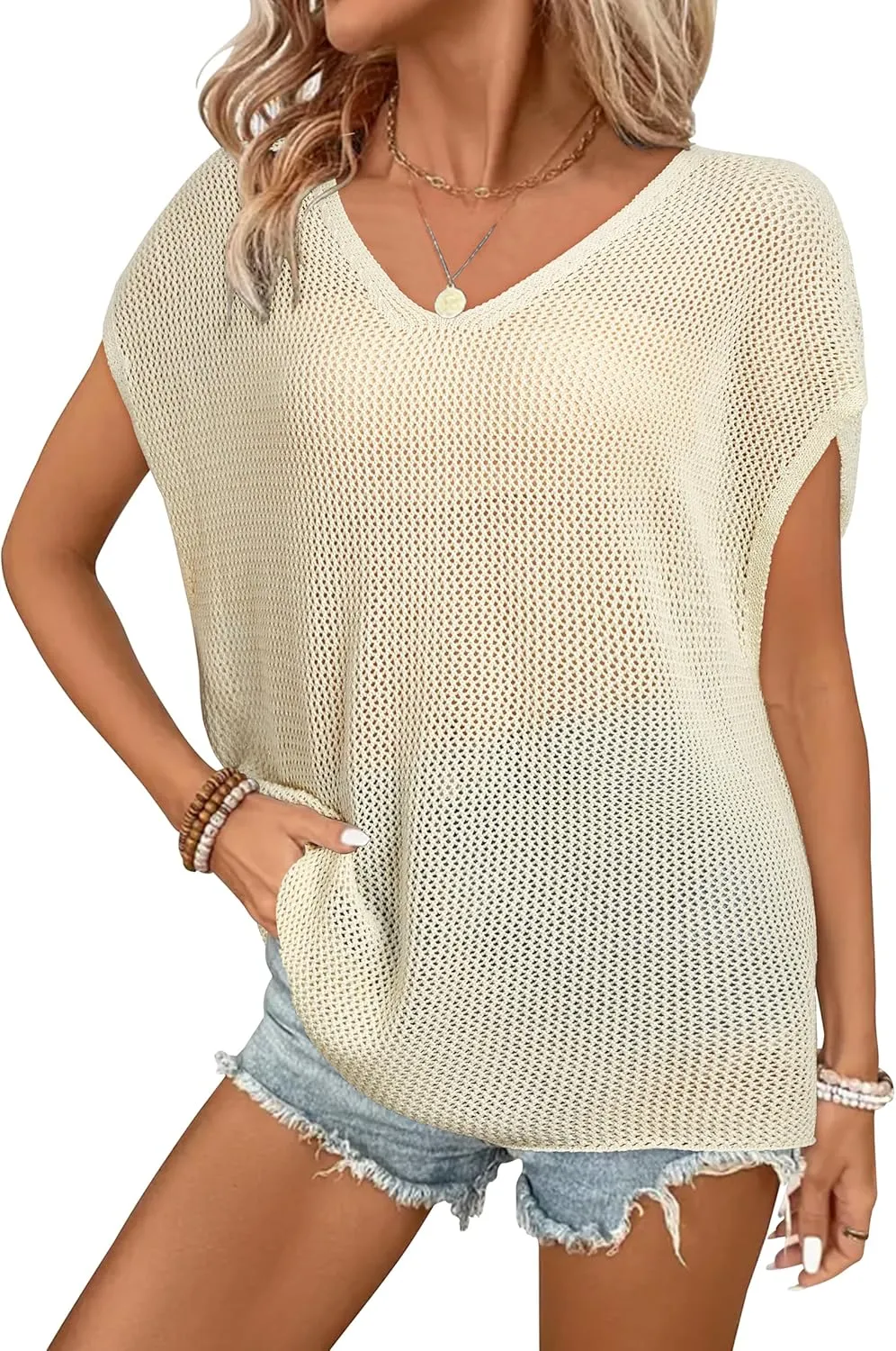 Arach&Cloz Women Crochet Tops 2025 Summer Wool Blended Sweater Vest Short Sleeve Fashion Outfits Oversized Coverup