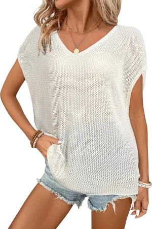 Arach&Cloz Women Crochet Tops 2025 Summer Wool Blended Sweater Vest Short Sleeve Fashion Outfits Oversized Coverup