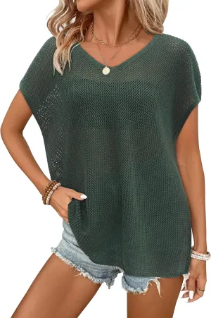 Arach&Cloz Women Crochet Tops 2025 Summer Wool Blended Sweater Vest Short Sleeve Fashion Outfits Oversized Coverup