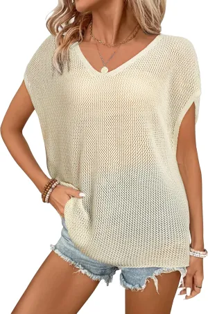 Arach&Cloz Women Crochet Tops 2025 Summer Wool Blended Sweater Vest Short Sleeve Fashion Outfits Oversized Coverup