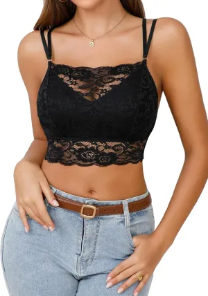 Aranmei Lace Bralette for Women Sexy V Neck Camisoles Adjustable Straps Double Layer Crop Top