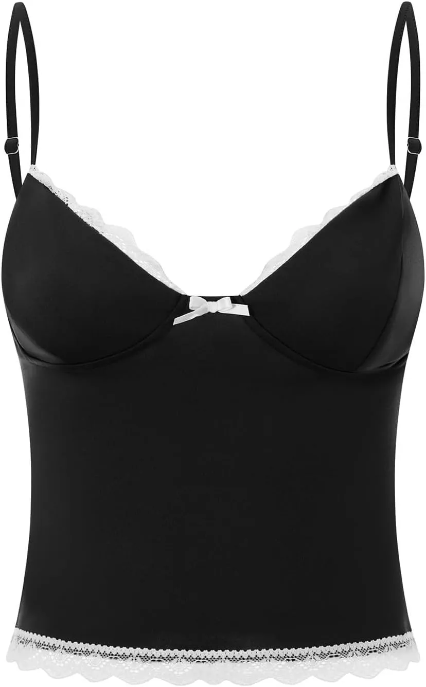 Argeousgor Women Y2k Lace Camisole Crop Tops Sexy Sleeveless V Neck Cami Spaghetti Strap Backless Tank