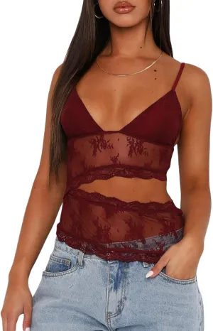 Argeousgor Women Y2k Lace Camisole Crop Tops Sexy Sleeveless V Neck Cami Spaghetti Strap Backless Tank