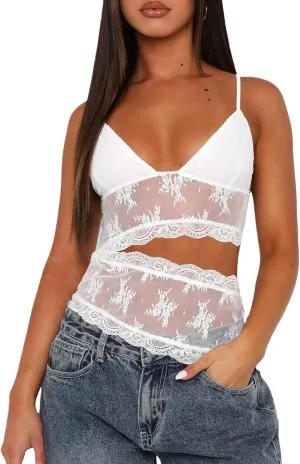 Argeousgor Women Y2k Lace Camisole Crop Tops Sexy Sleeveless V Neck Cami Spaghetti Strap Backless Tank