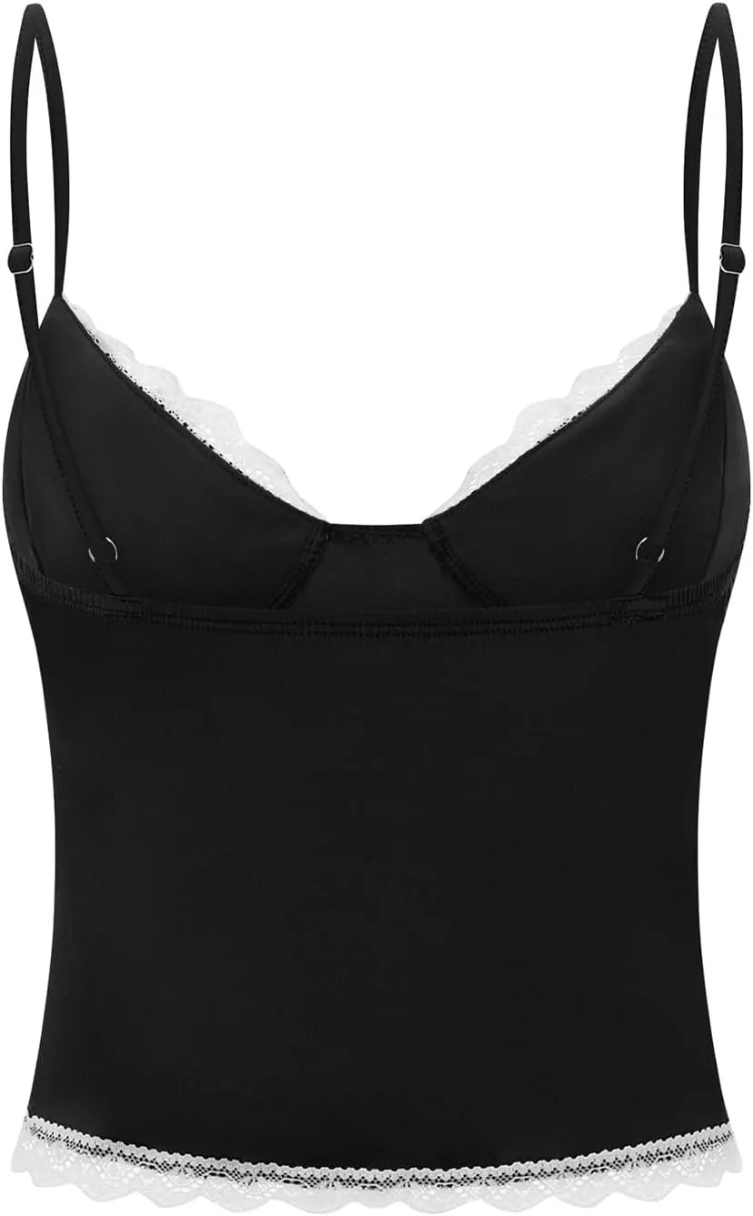 Argeousgor Women Y2k Lace Camisole Crop Tops Sexy Sleeveless V Neck Cami Spaghetti Strap Backless Tank