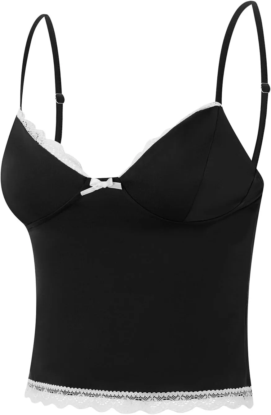 Argeousgor Women Y2k Lace Camisole Crop Tops Sexy Sleeveless V Neck Cami Spaghetti Strap Backless Tank