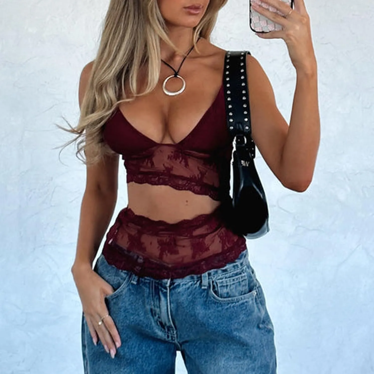 Argeousgor Women Y2k Lace Camisole Crop Tops Sexy Sleeveless V Neck Cami Spaghetti Strap Backless Tank