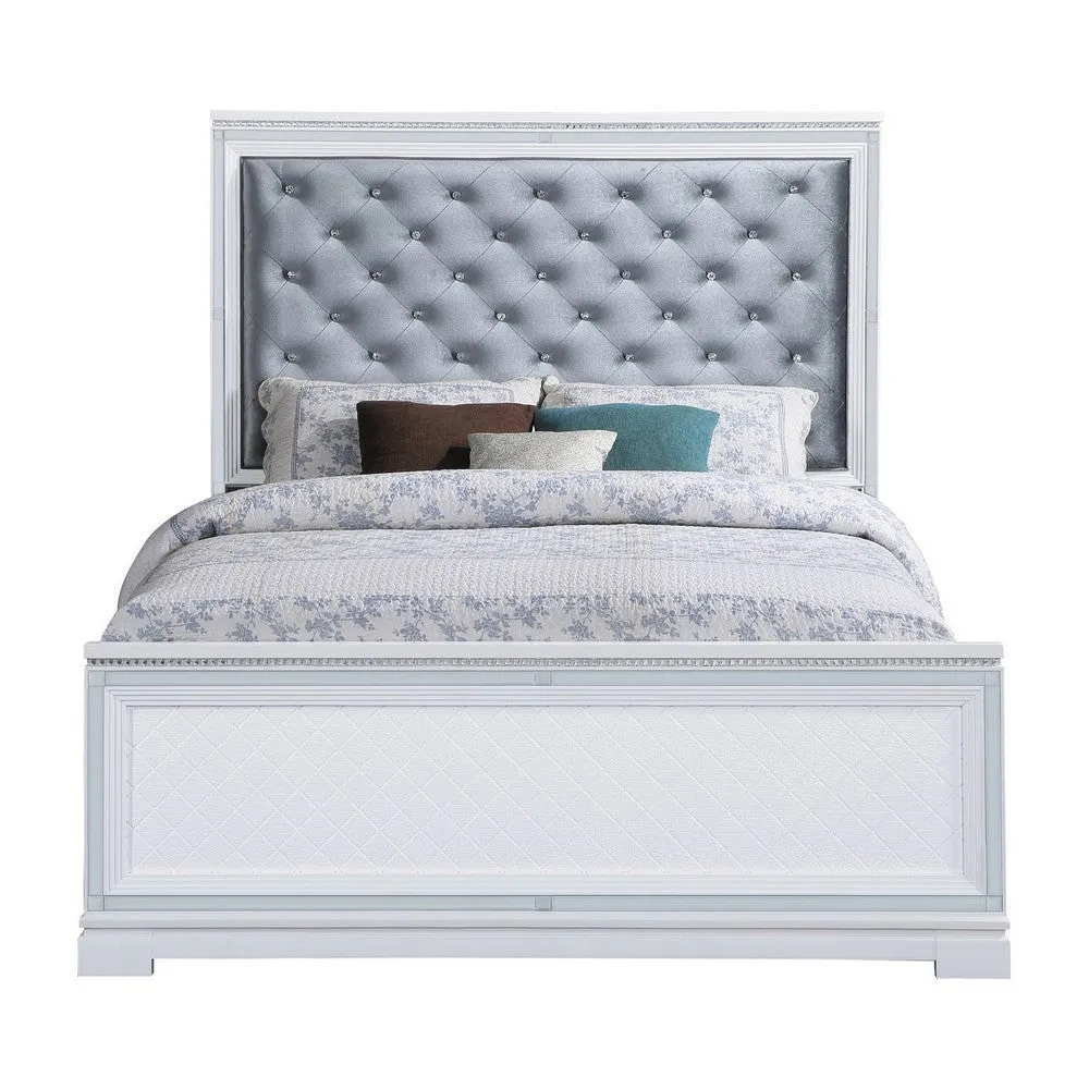 Axl Foam Queen Bed, Tufted Headboard, Silver Velvet Upholstery, White Frame By Casagear Home