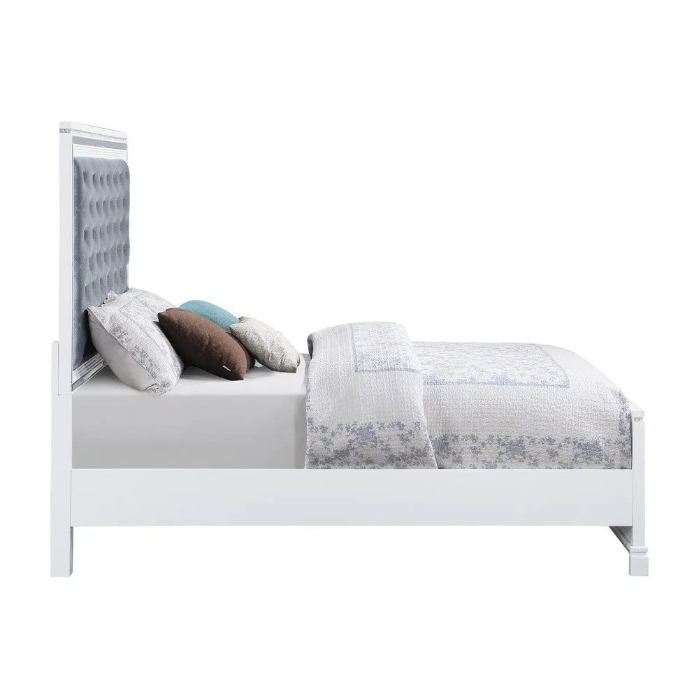 Axl Foam Queen Bed, Tufted Headboard, Silver Velvet Upholstery, White Frame By Casagear Home