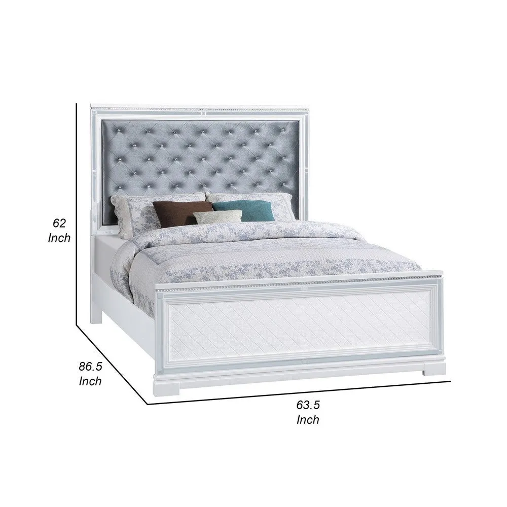 Axl Foam Queen Bed, Tufted Headboard, Silver Velvet Upholstery, White Frame By Casagear Home