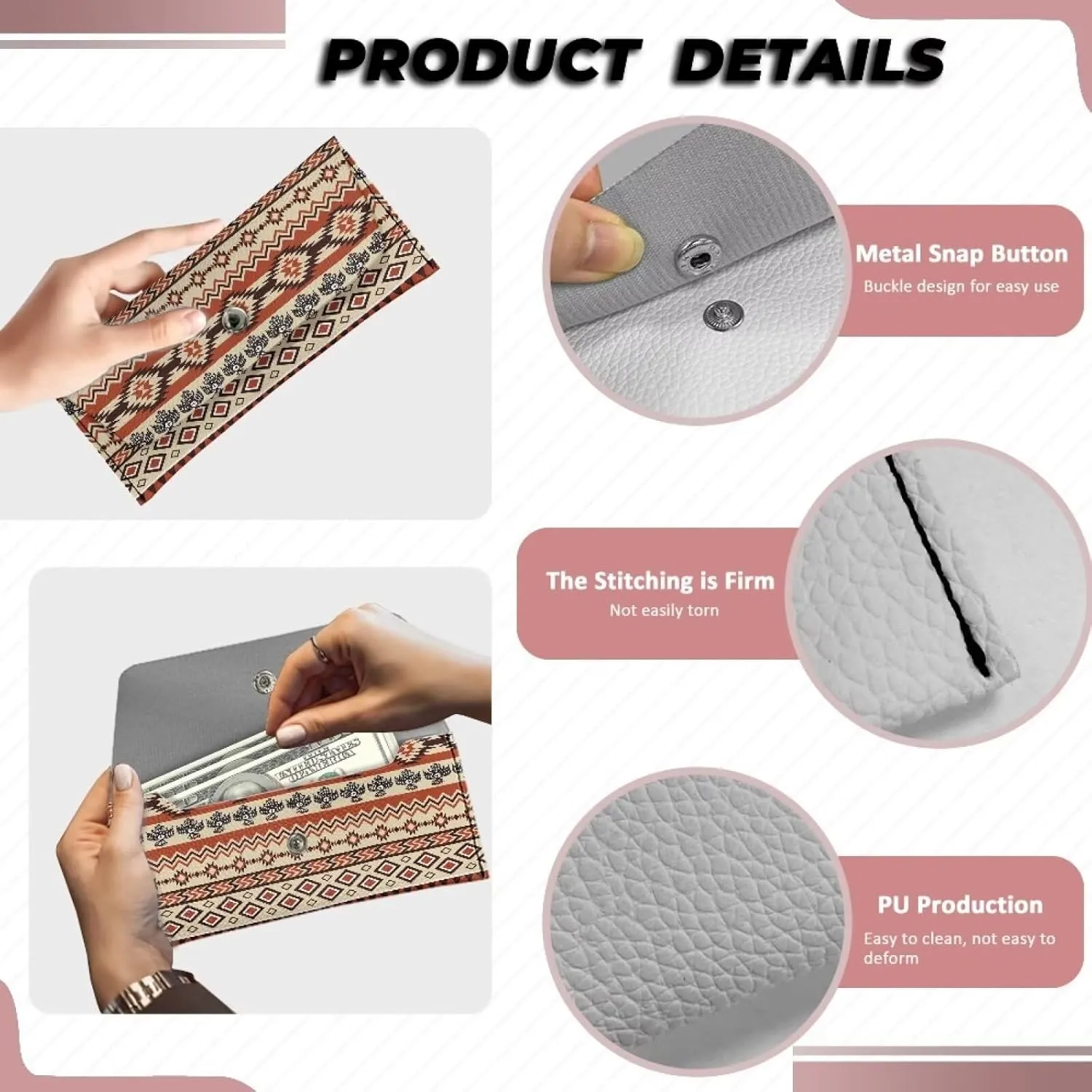 Aztec Pattern Clutch Purses for Women with Metal Snap Button Ladies Trendy Portable Thin Long Wallets Lightweight Leather Cash Pouch for Travel Business Wedding Party Daily Outdoor Use