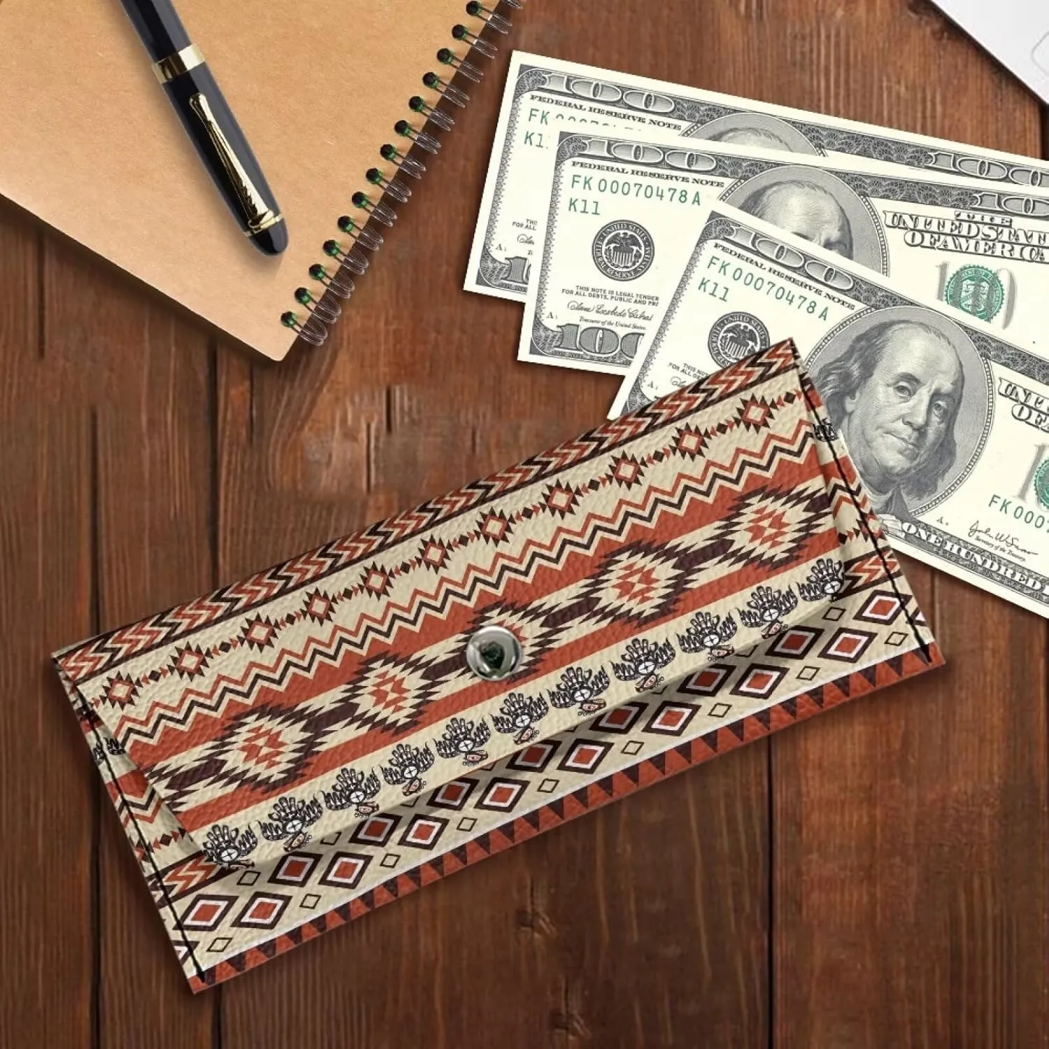 Aztec Pattern Clutch Purses for Women with Metal Snap Button Ladies Trendy Portable Thin Long Wallets Lightweight Leather Cash Pouch for Travel Business Wedding Party Daily Outdoor Use