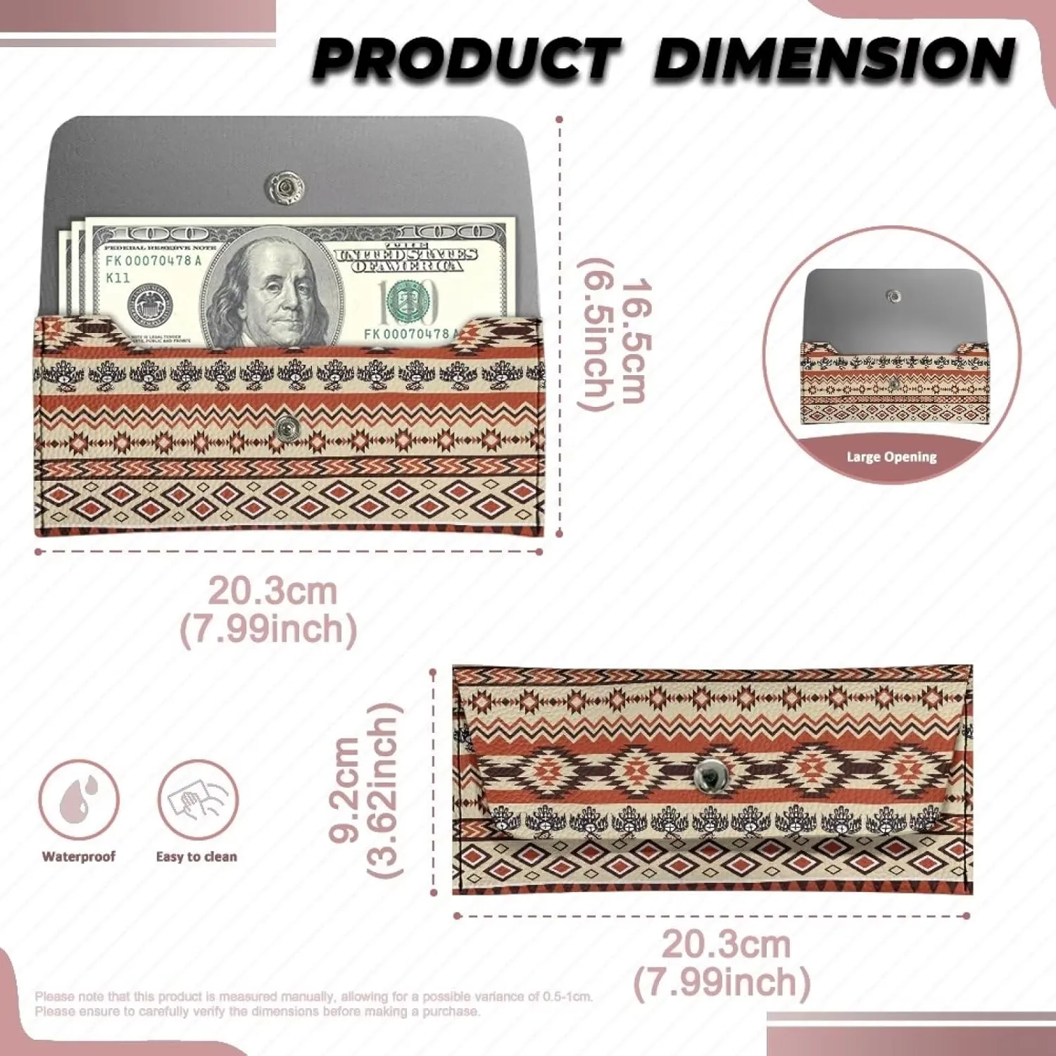 Aztec Pattern Clutch Purses for Women with Metal Snap Button Ladies Trendy Portable Thin Long Wallets Lightweight Leather Cash Pouch for Travel Business Wedding Party Daily Outdoor Use