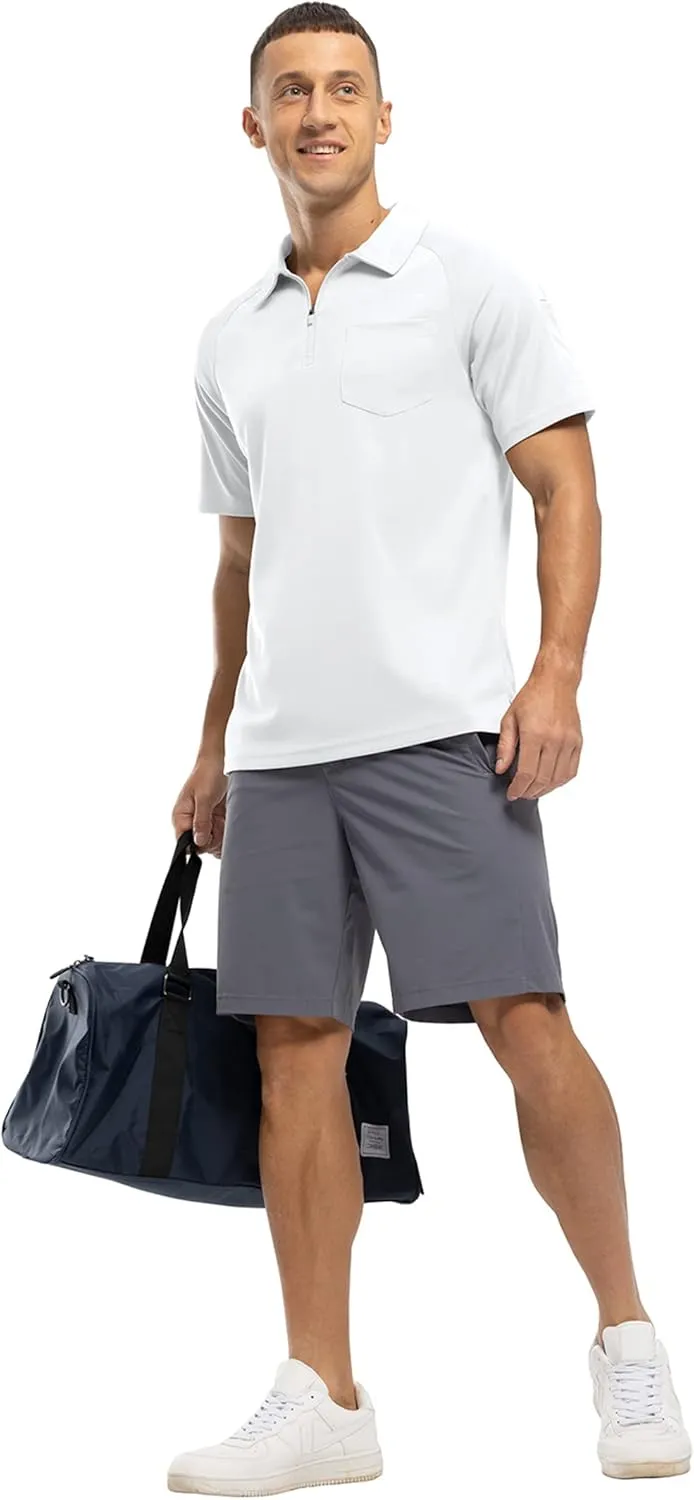 BASUDAM Men's Zippered Polo Shirts with Pocket Quick Dry Short Sleeve Active Performance