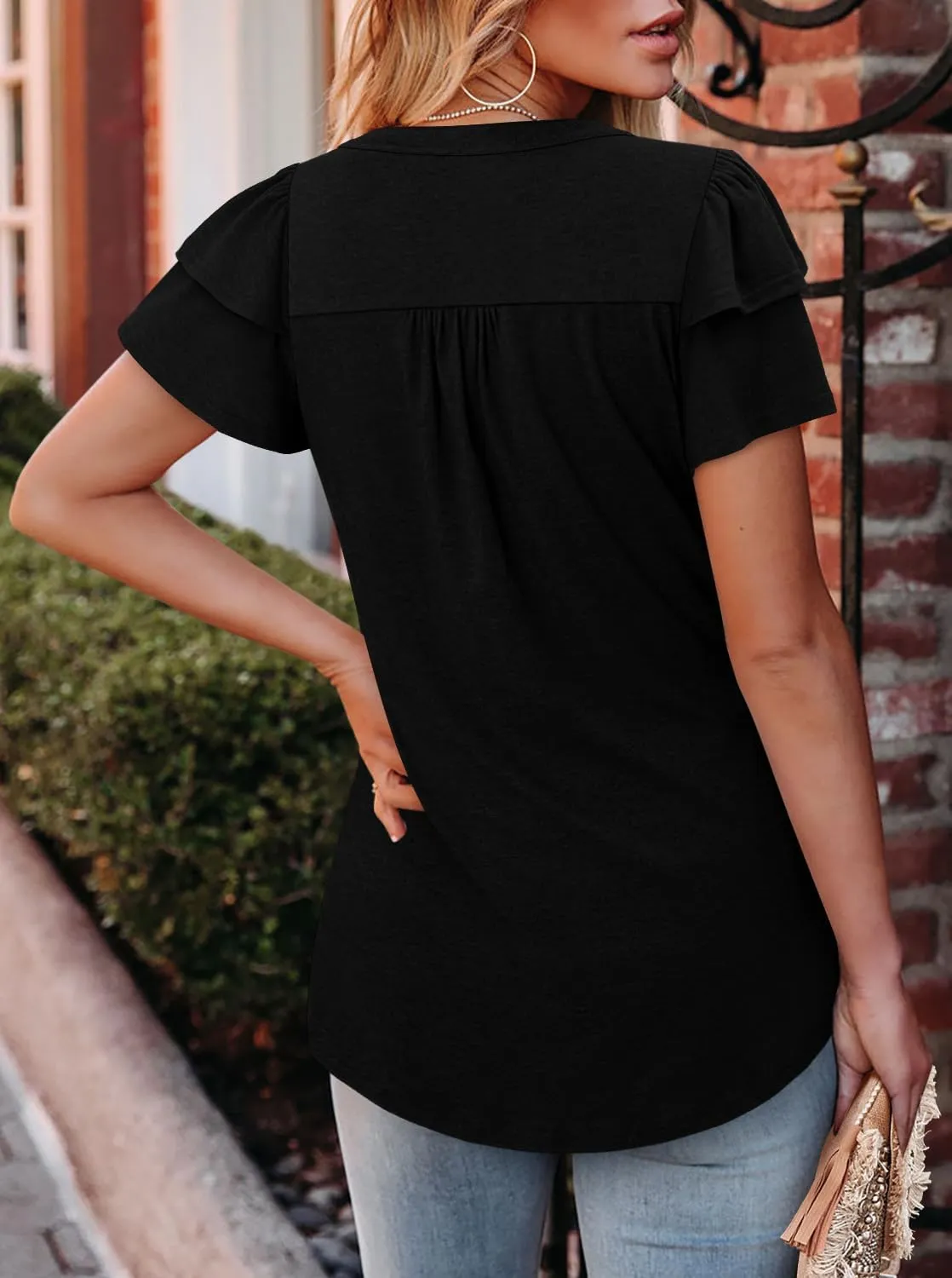 BETTE BOUTIK Womens Crewneck Short Sleeve Summer Tops Pleated Tunic Shirts S-3XL