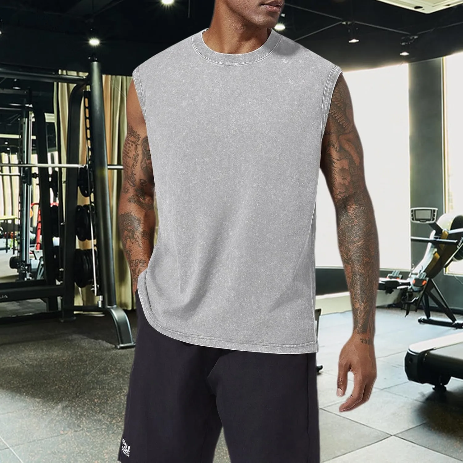 BINTEHGS Muscle Sleeveless Shirts for Men Cotton Summer Plain Gym Workout Tank Tops Crewneck Solid Loose Fit Hippie Tanks