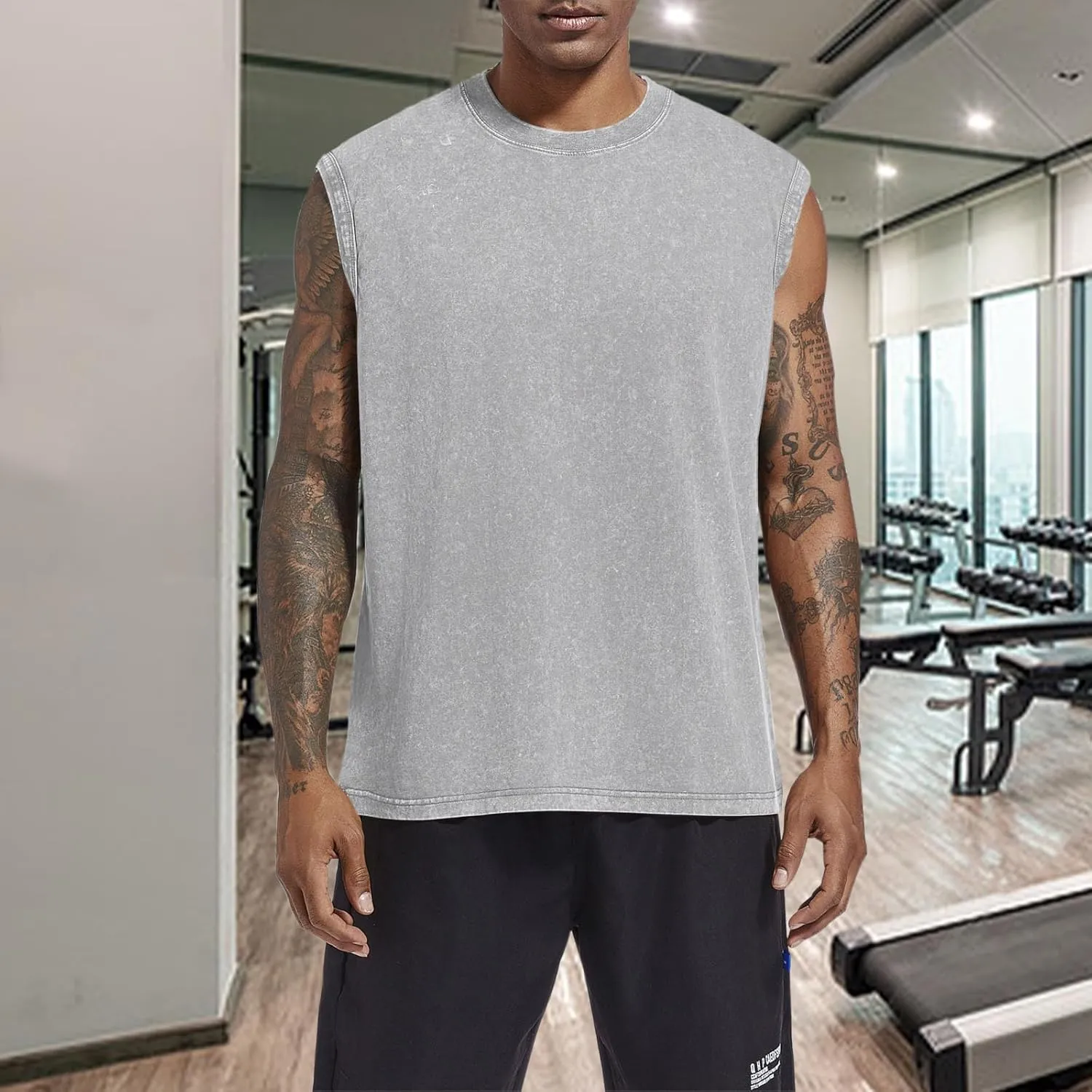 BINTEHGS Muscle Sleeveless Shirts for Men Cotton Summer Plain Gym Workout Tank Tops Crewneck Solid Loose Fit Hippie Tanks