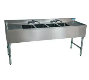 BK Resources UB4-21-472TS 72" Underbar Sink with 4 Bowls and 2 Faucets with Two Drainboard
