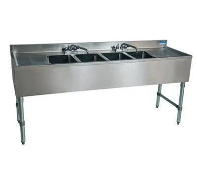 BK Resources UB4-21-484TS 84" Underbar Sink with 4 Bowls and 2 Faucets with Two Drainboard