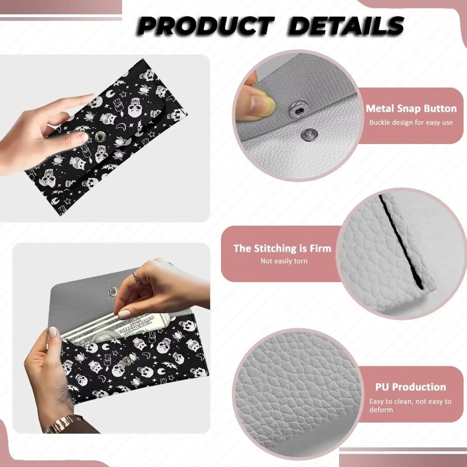 Black Skull Graphic Wallet for Women Portable Travel Work Leather Clutch Bags Lightweight Ladies Slim Card Holder Cash Purses with Button for Everyday Outdoor Use