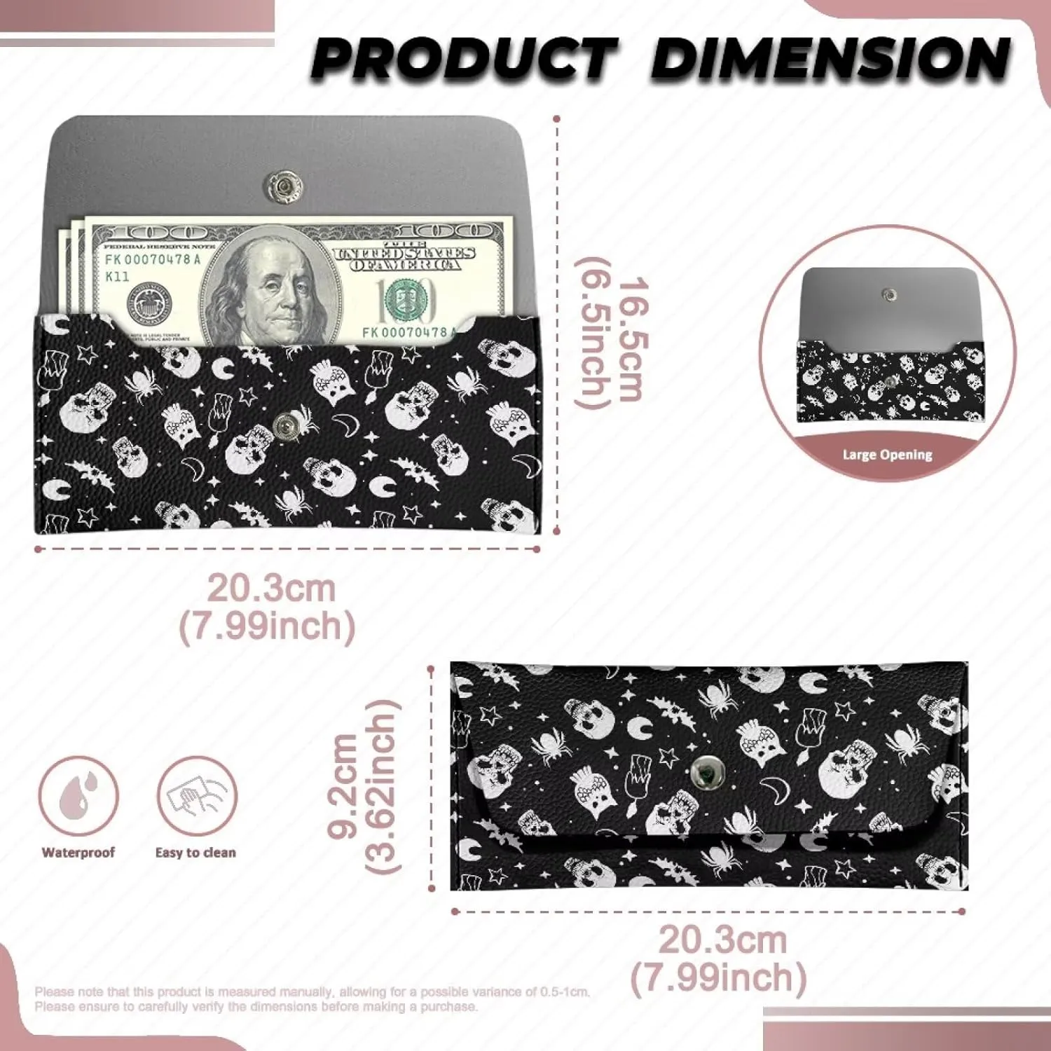 Black Skull Graphic Wallet for Women Portable Travel Work Leather Clutch Bags Lightweight Ladies Slim Card Holder Cash Purses with Button for Everyday Outdoor Use